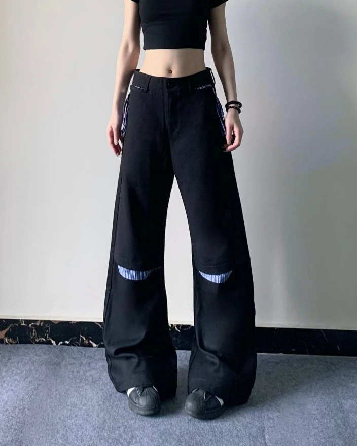 ENXIAOBAI破口拼接条纹设计弯刀裤男女美式高街微喇黑色西裤