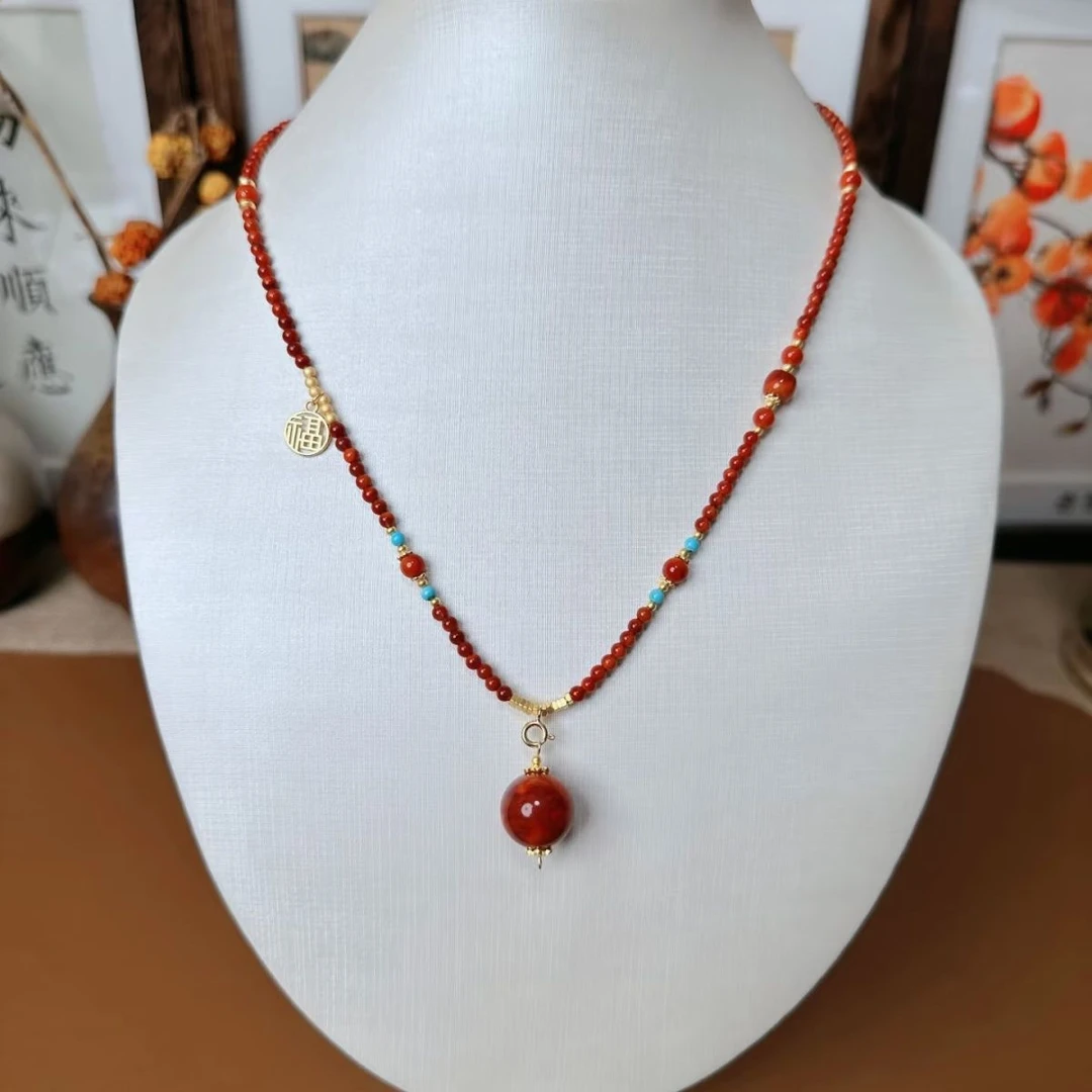 天然玛瑙 项链（小4mm/大14mm） 吊坠 毛衣链 锁骨链【款号428*】