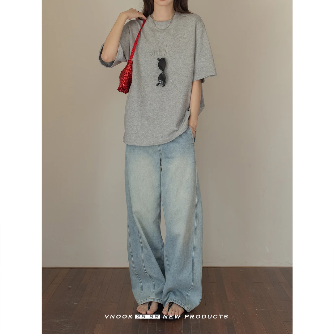 vnook 复古做旧洗水牛仔裤女2025春夏宽松显瘦垂感拖地棉感阔腿裤