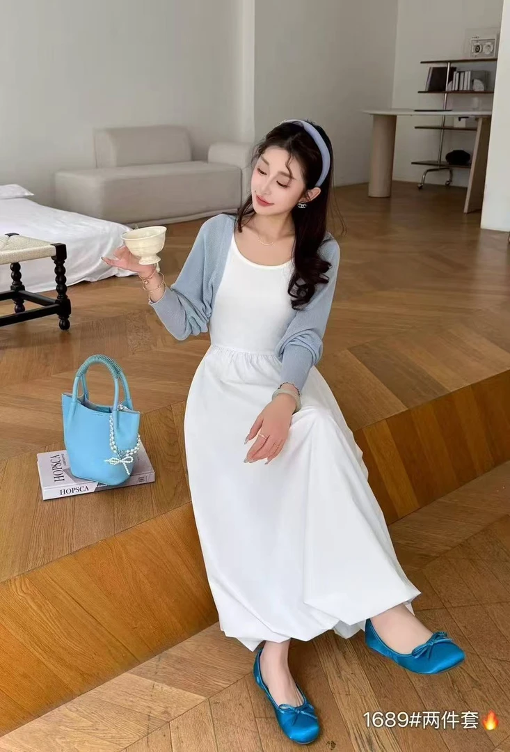 短袖纯色夏季休闲气质女士百搭连衣裙提花时尚套装连衣裙1689