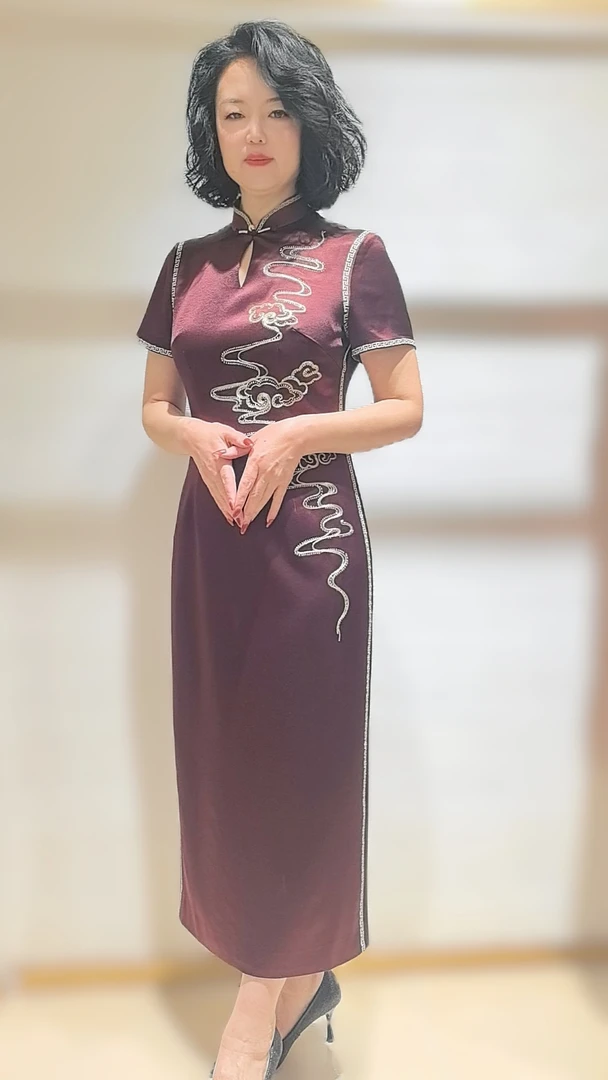 朱紫褕170297枣红色祥云喜妈妈喜婆婆旗袍礼服