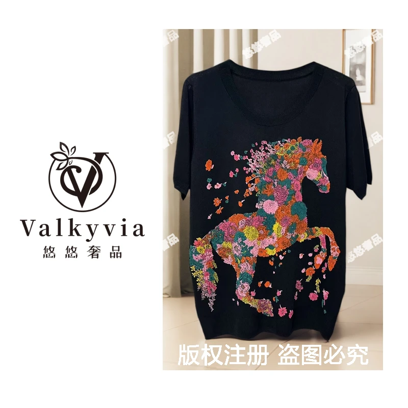 【Valkyvia/悠悠奢品】薄款针织衫印花桑蚕丝上衣女夏季宽松短袖T恤
