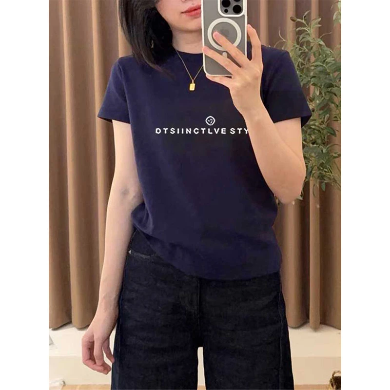 2025新款正肩字母短袖t恤女装设计感小众时尚百搭藏青色上衣夏季