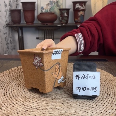 紫砂花盆柴烧手绘佛手拈花矮签筒0832