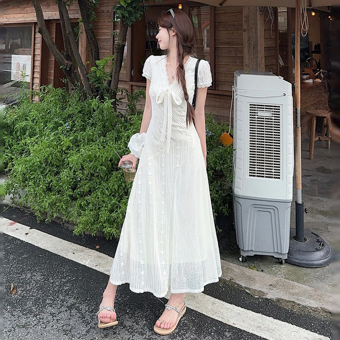 【现货+运补】法式蕾丝拼接v领连衣裙爆款漂亮绝美巨好看长裙4153