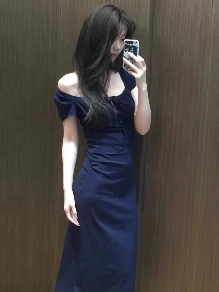 蓝色方领连衣裙女夏季辣妹修身收腰鱼尾长裙