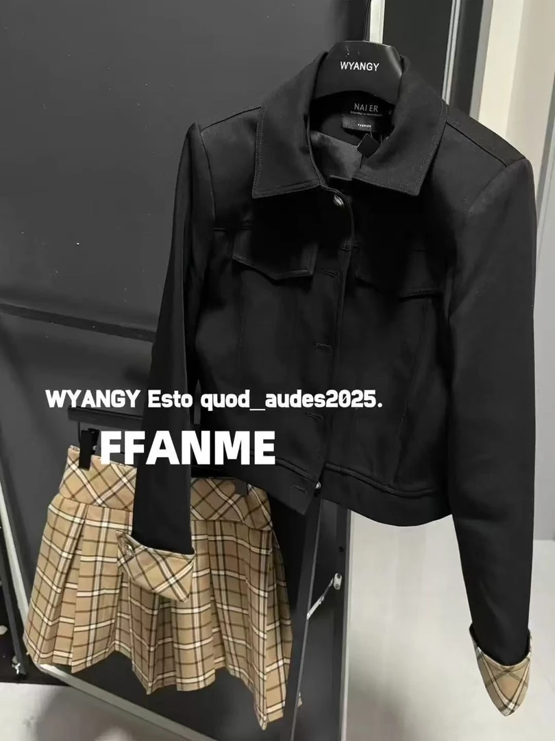黑色短款外套女春季格纹翻领修身显瘦夹克上衣