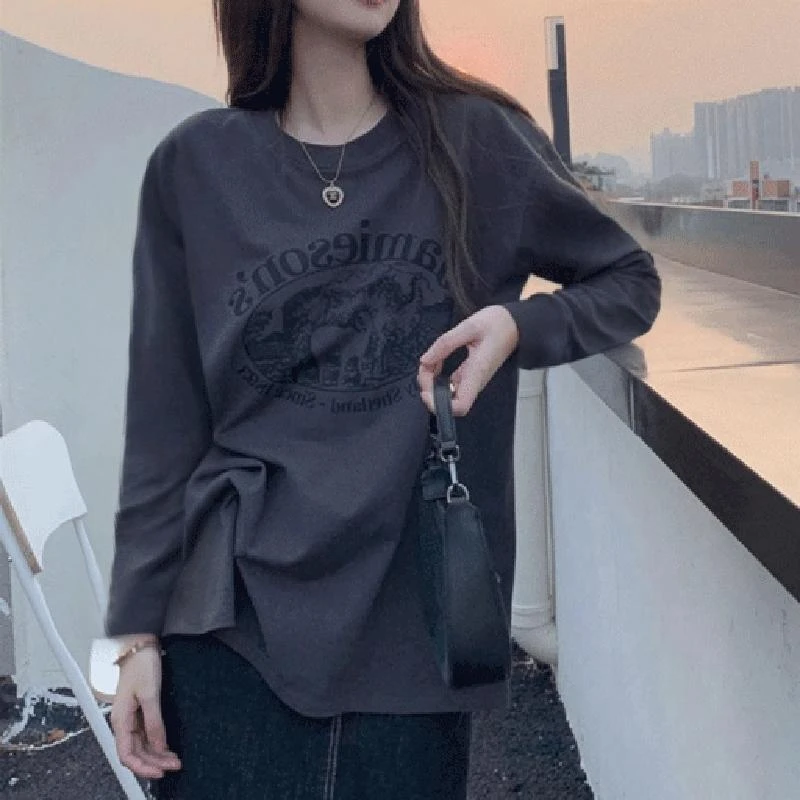 烟灰色长袖t恤女2025秋季新款欧货宽松大版慵懒风内搭中长款上衣