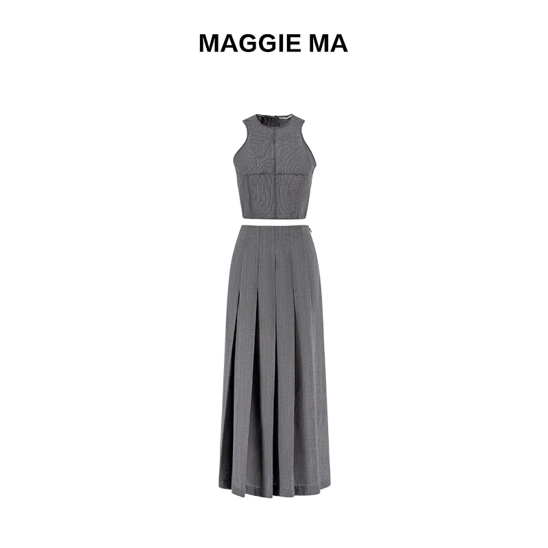 MAGGIE MA马婧设计师款复古百搭无袖短背心百褶高腰灵动半裙024D
