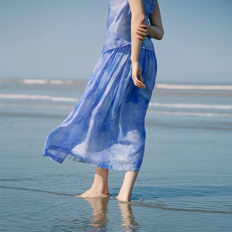 绽放278朵/【入蓝系列】高支苎麻双层系带半身长裙舒适百搭女夏季