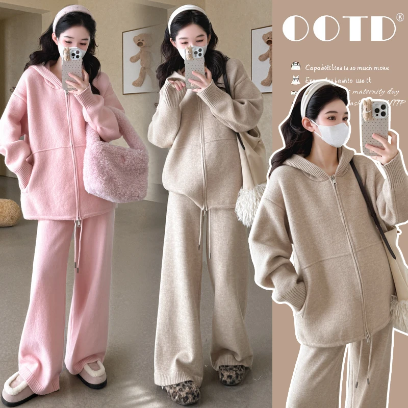 孕妇装秋冬套装2025新款时尚法式穿搭拉链毛衣阔腿裤两件套