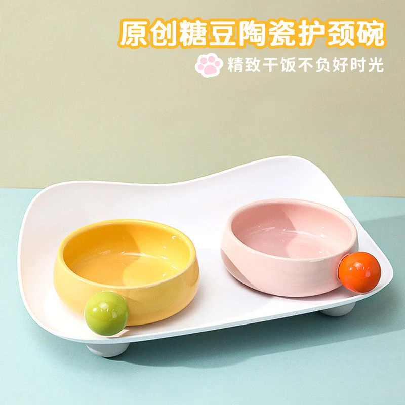 陶瓷双碗可爱猫咪狗狗饭碗宠物食盆比熊保护颈椎防打翻小型犬喝水