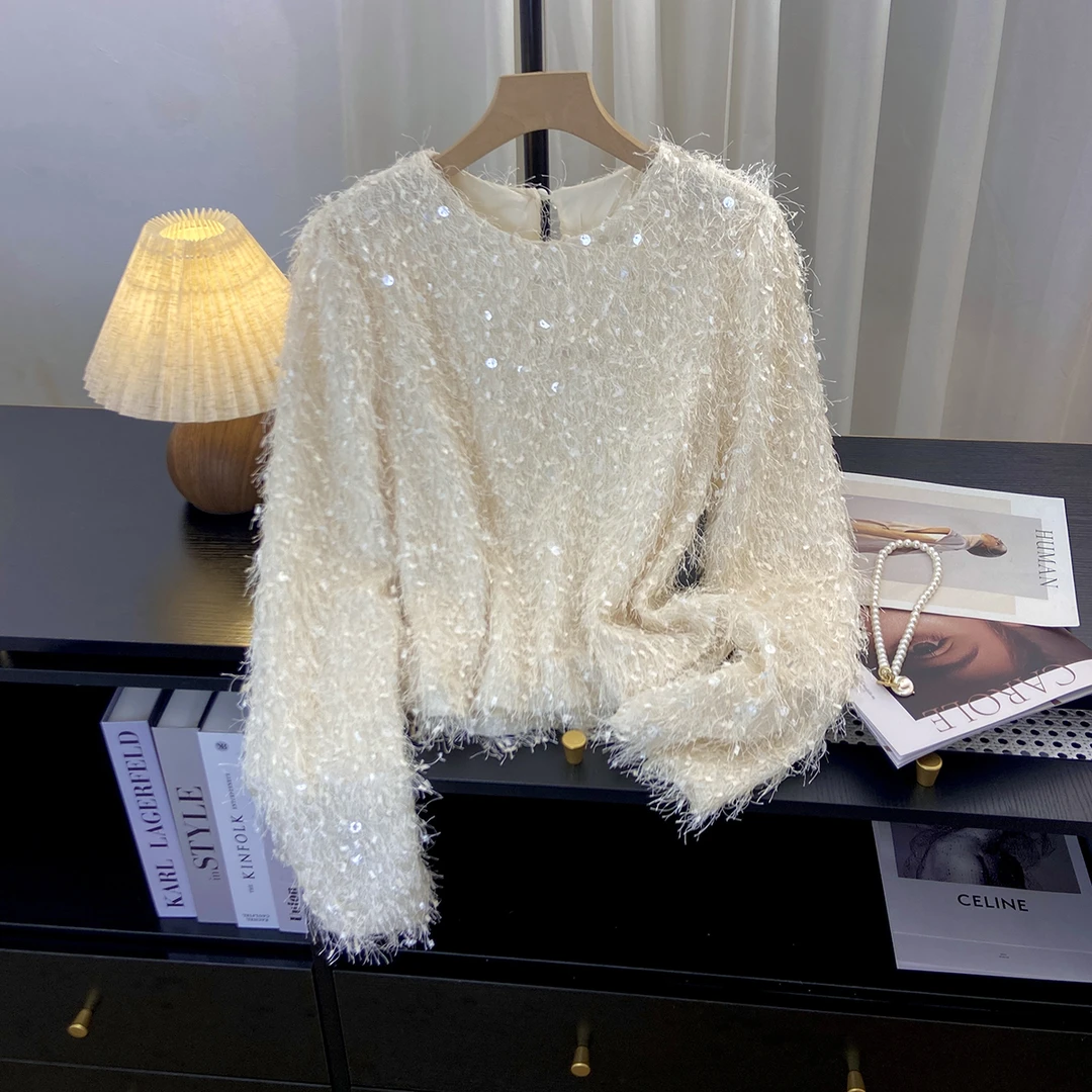 财阀气质高级名媛风毛毛流苏亮片套头上衣女2025早春新款气质衬衫