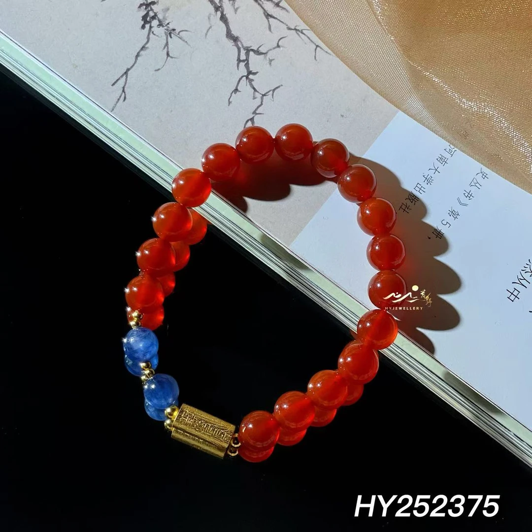 荒野珠宝天然蓝晶石红玛瑙s925银镀金手串HY252375