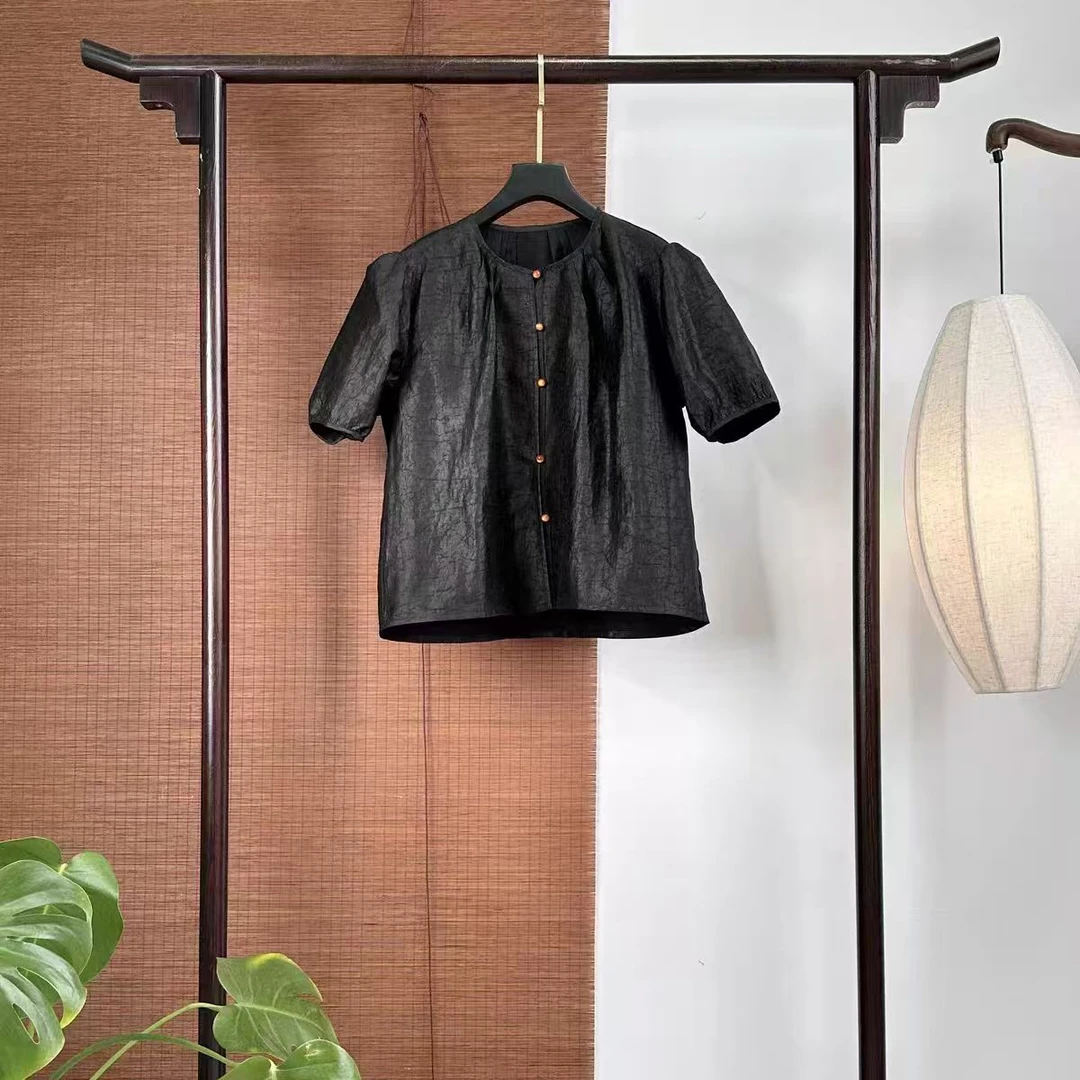 100桑蚕丝香云纱衬衫夏季短袖上衣龟裂纹新中式泡泡袖JX8992