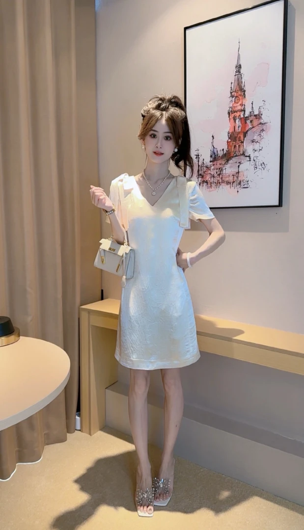 【肩结裙】夏季修身裙设计感蝴蝶结时尚短袖版法气质连衣裙