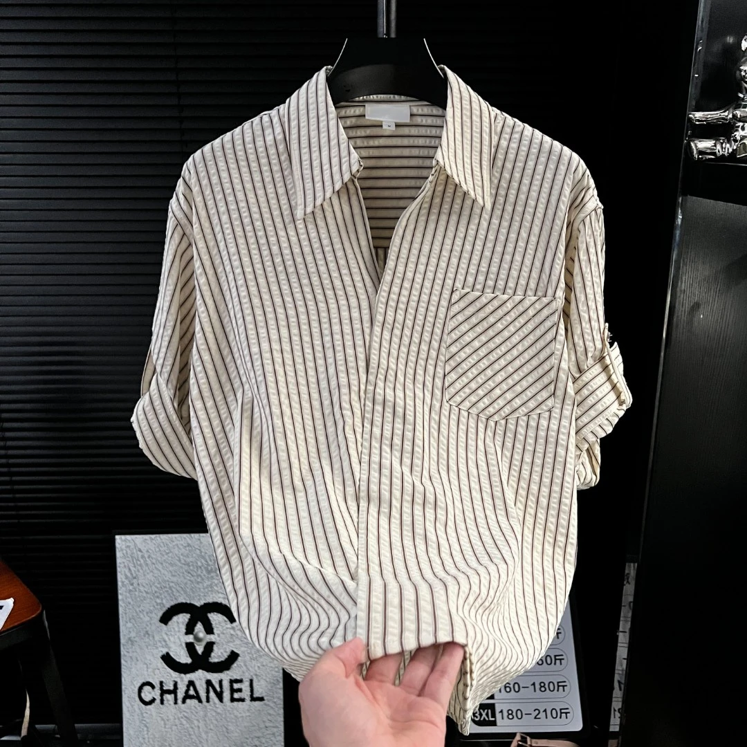 高级感冰丝男士短袖衬衫条纹休闲百搭帅气简约宽松薄款衬衣夏季