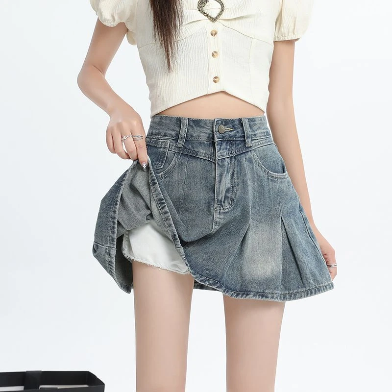复古蓝色牛仔半身裙2025年夏季新款高腰防走光a字百显瘦褶裙