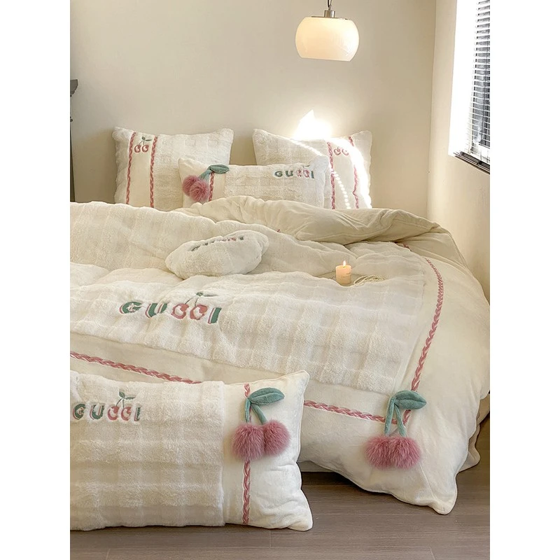 富安娜少女心加厚兔毛绒四件套立体樱桃刺绣被套秋冬保暖牛奶绒床