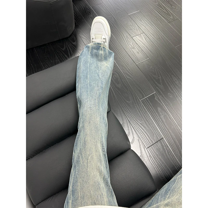 冰蓝色闪电纹牛仔裤潮牌男秋季美式复古水洗裤子高街宽松直筒长裤