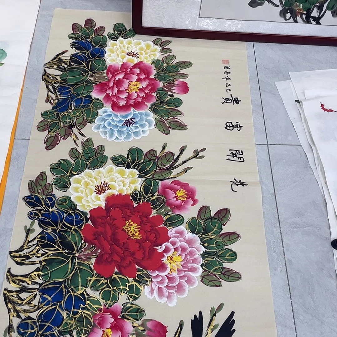 国画国画作品原稿四尺横幅仿古喜鹊水晶