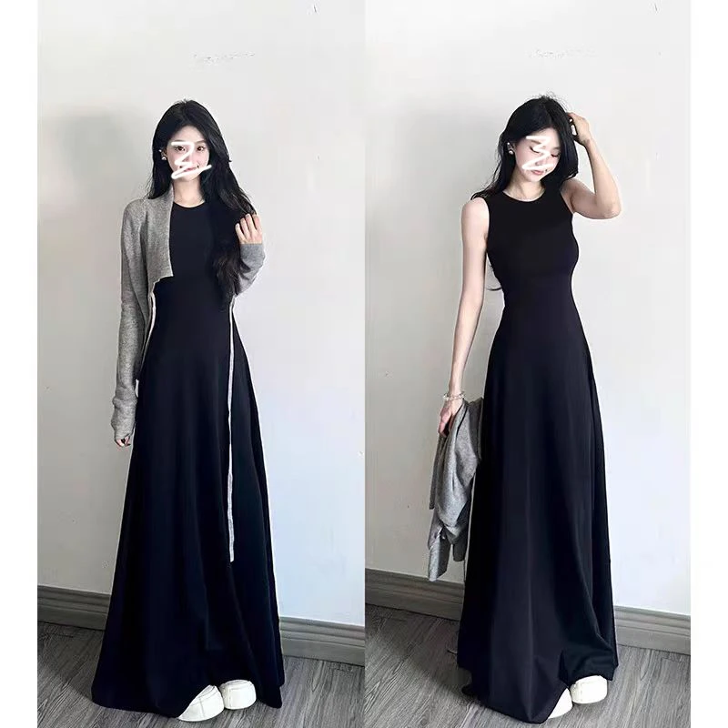 法式赫本风黑色无袖背心连衣裙女夏季高级感气质收腰显瘦连衣裙