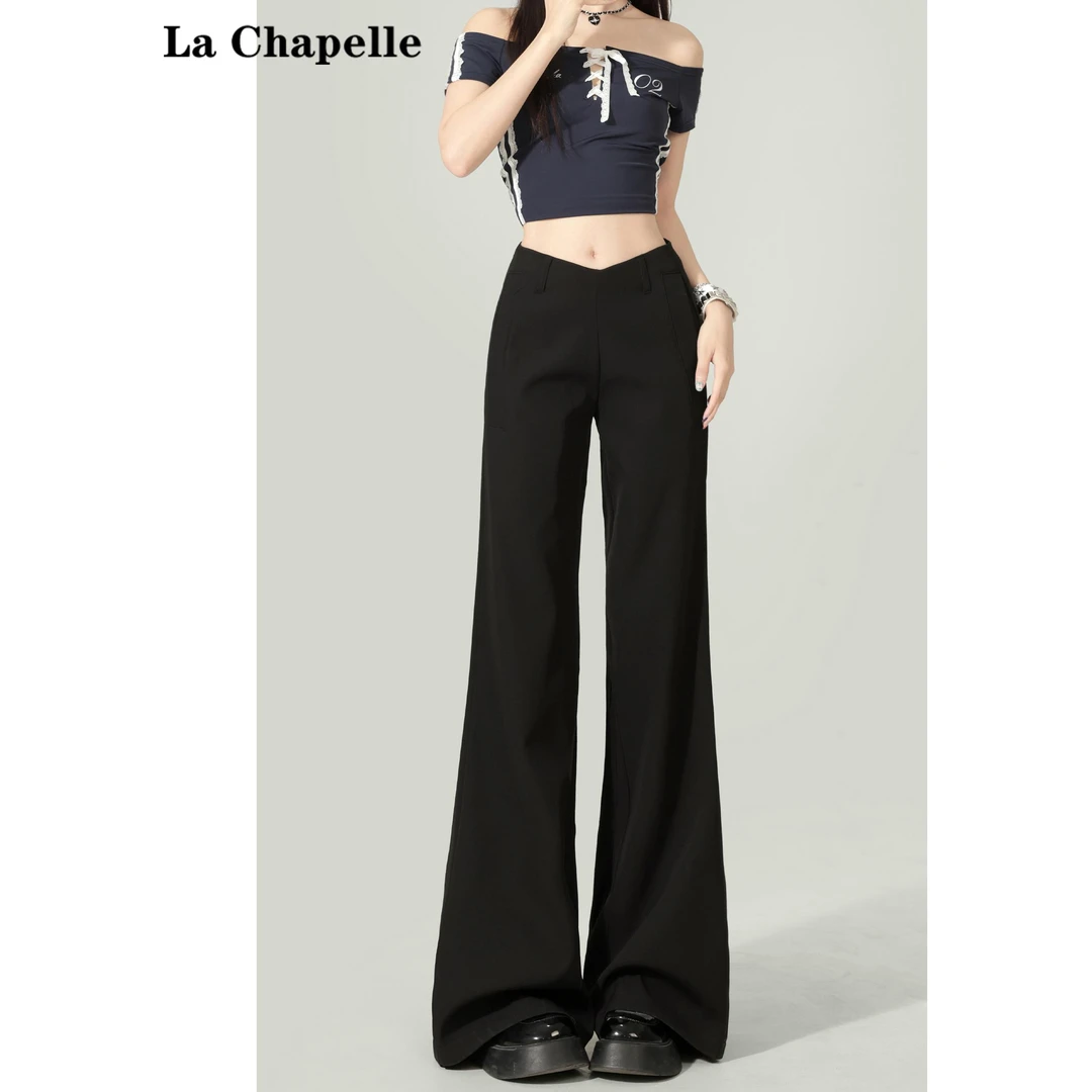 拉夏贝尔黑色微喇叭裤女2025新款夏季薄款高级感垂感冰丝西装裤子