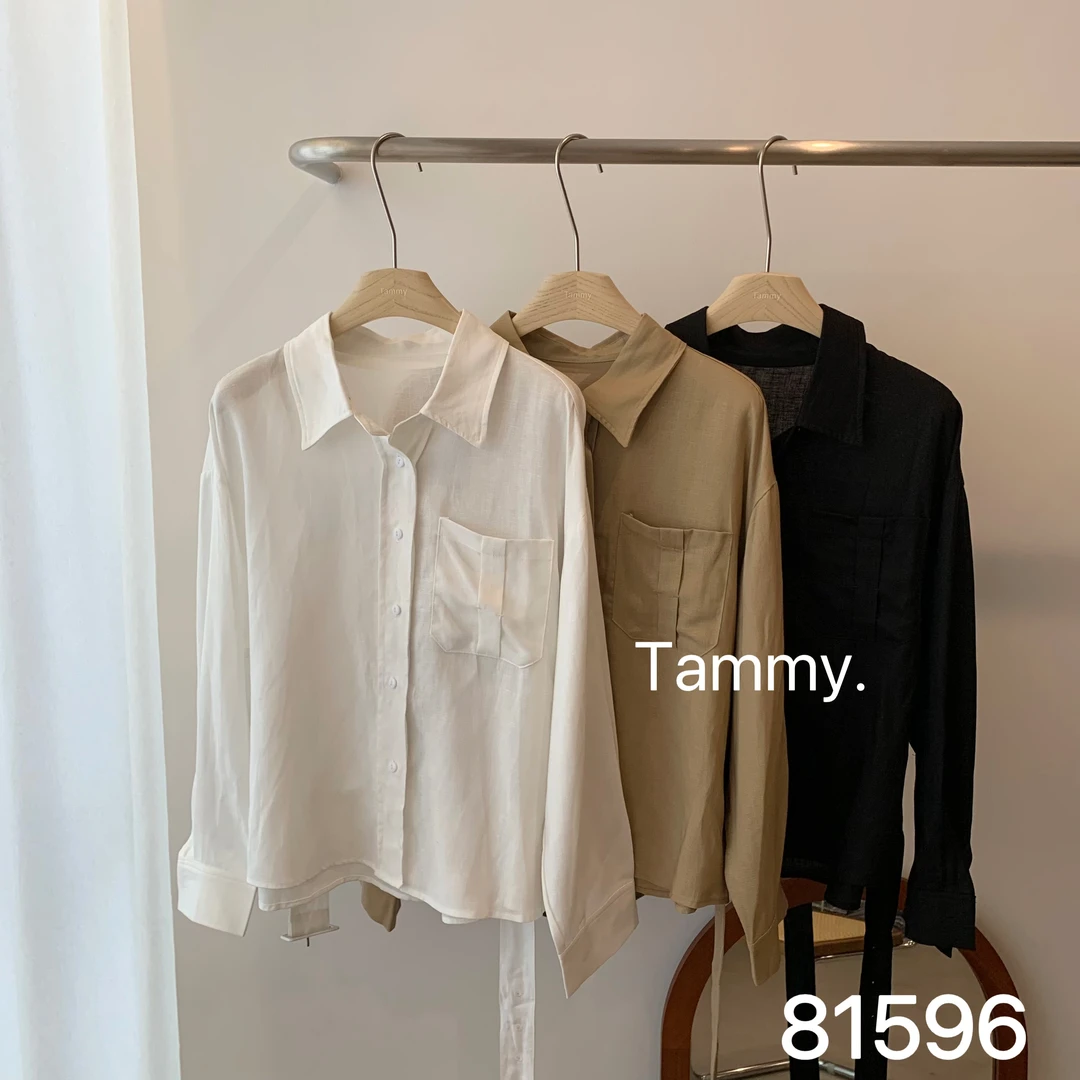 Tammy韩版独特收腰白色衬衫女秋季新款时尚翻领休闲百搭衬衣上衣
