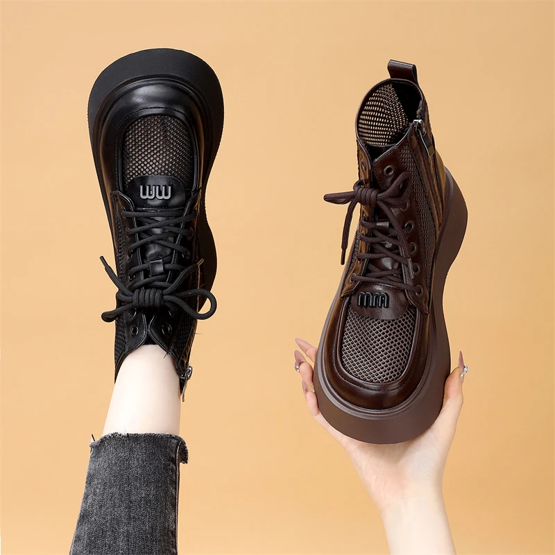 时尚透气显脚小马丁靴女士2025春夏新款休闲增高平底短靴镂空凉靴