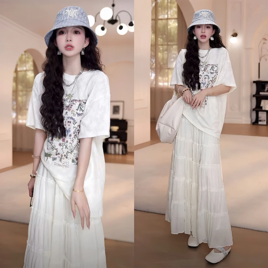 2025夏季韩版蕾丝提花短袖T恤上衣百搭蛋糕半身裙套装洋气衣服女