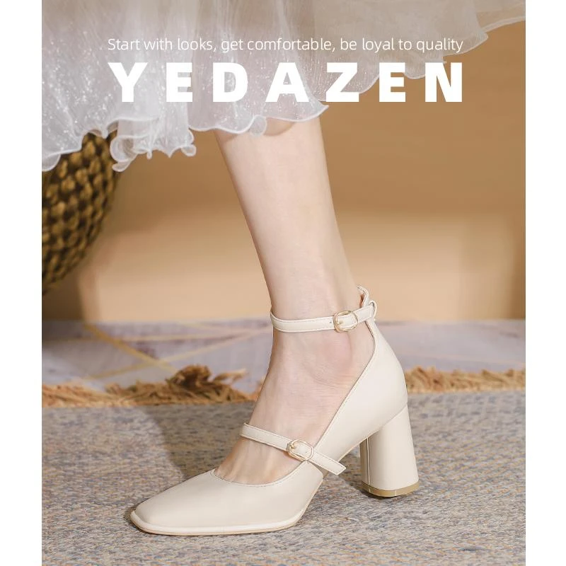 气质方头高跟鞋女粗跟2025春季新款一字式扣带复古法式玛丽珍单鞋
