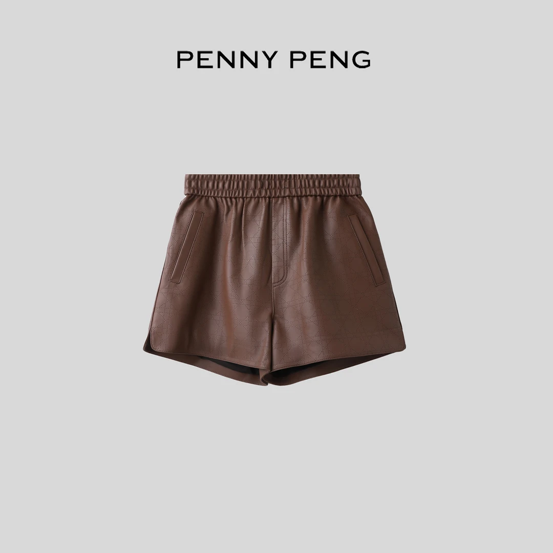 PENNYPENG 高阶玩家黑标系列千金显贵秋冬松紧腰直筒显瘦羊皮短裤