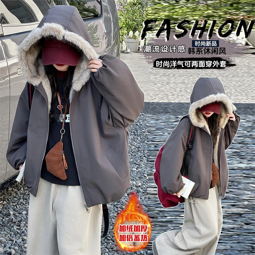 女童加绒加厚外套冬装新款中大童洋气百搭连帽上衣5-13岁潮童装冬