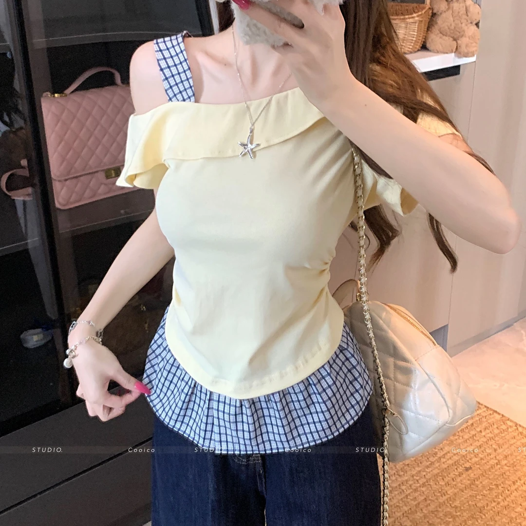 大码胖初夏设计感格子拼接假两件斜肩上衣女2025新款独特短袖