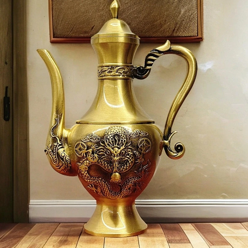 新款纯黄铜双龙酒壶复古创意老式摆件家用古典铜酒壶中式古风婚庆