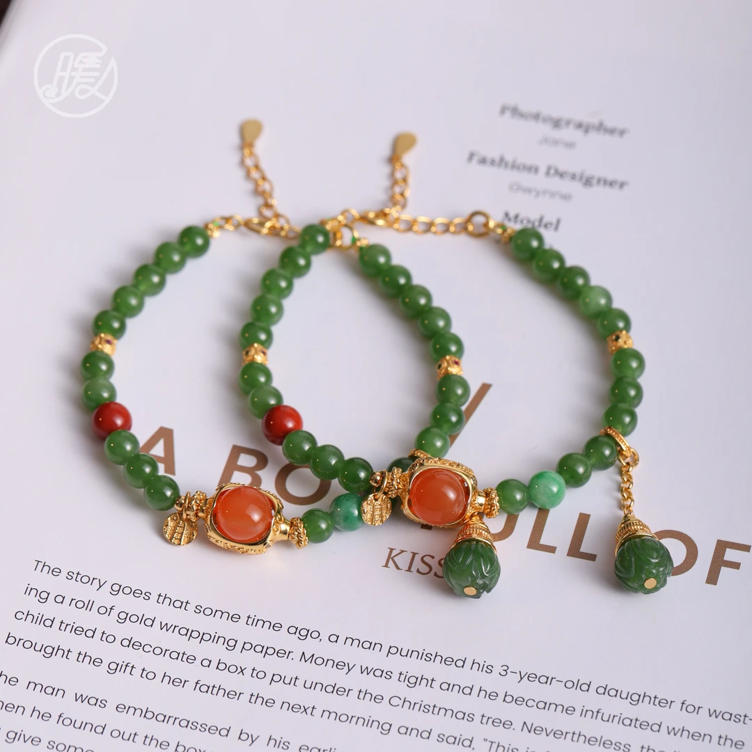 单圈和田玉碧玉手串6mm搭配莲花可调节手链A6791多样性发一【微黑】