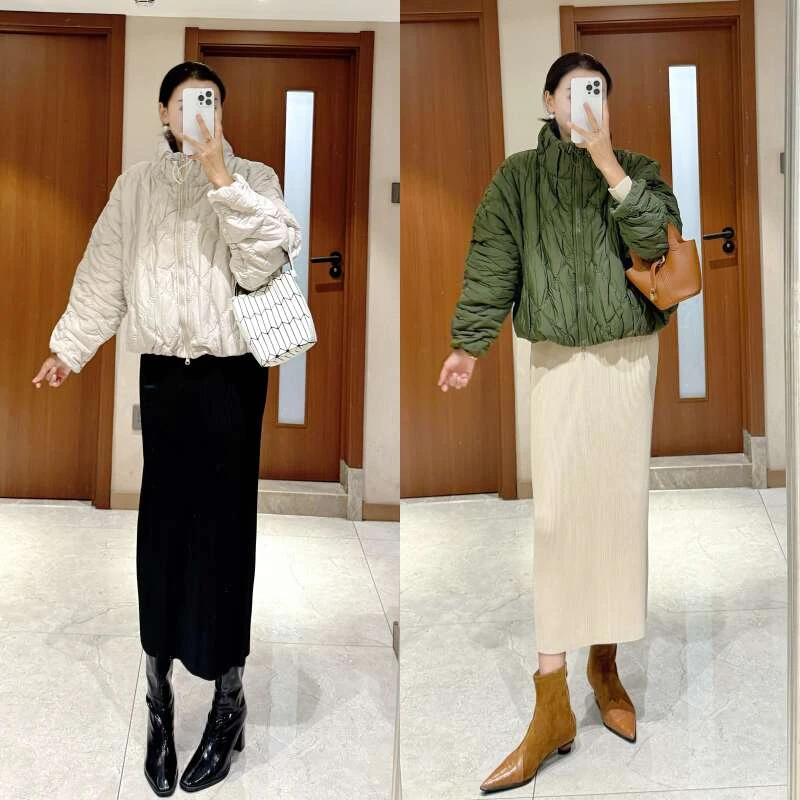 【韩女士穿搭】秋冬极简大牙签褶直筒显瘦弹力连衣裙加棉服外套