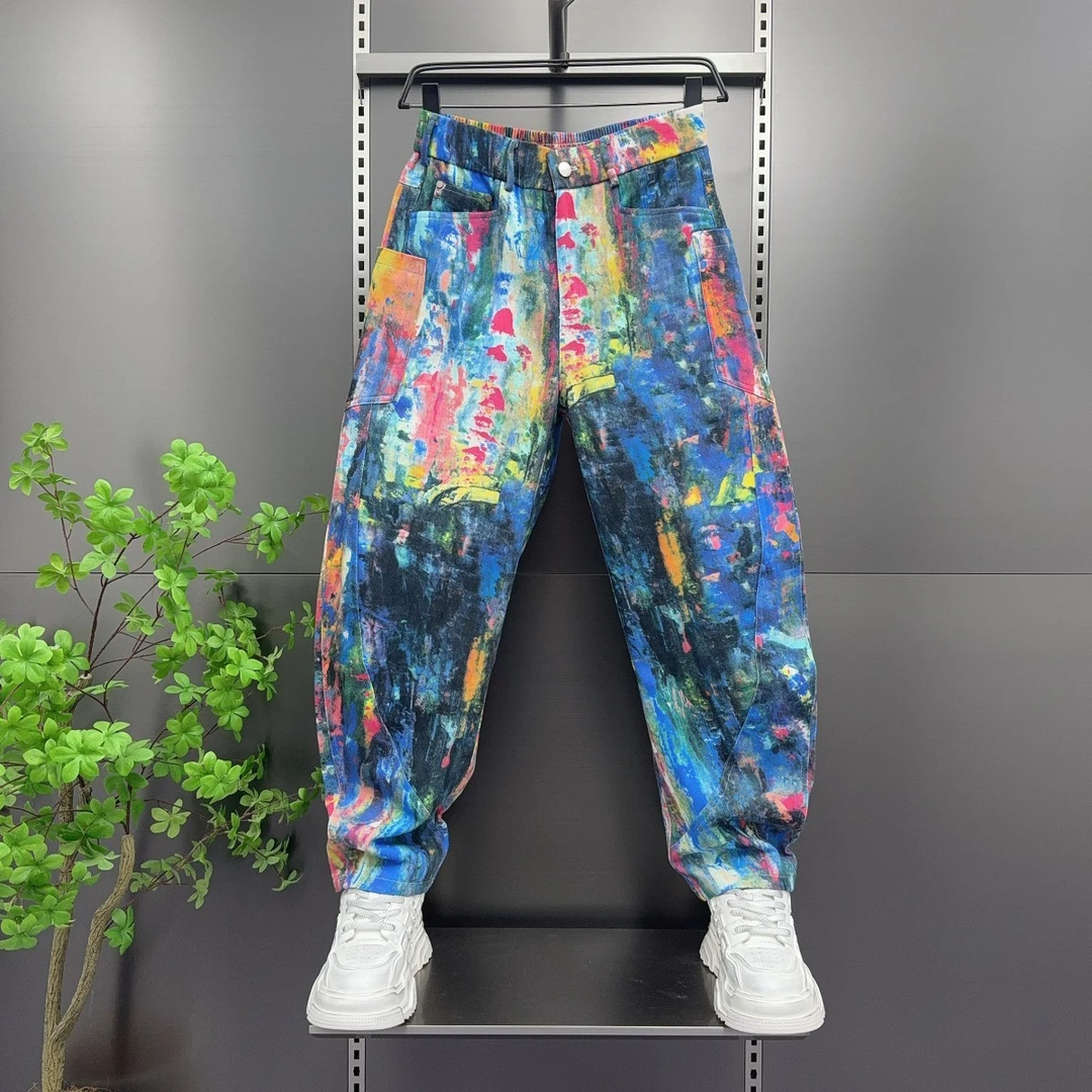 2025秋季男涂鸦牛仔裤宽松直筒弯刀阔腿裤美式潮流时尚工装休闲裤