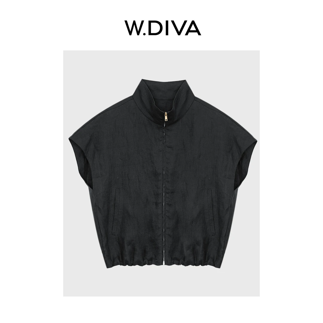 W.Diva【雾雨】天然亚麻老钱风质感立领小飞袖拉链夏衬衫52S282227