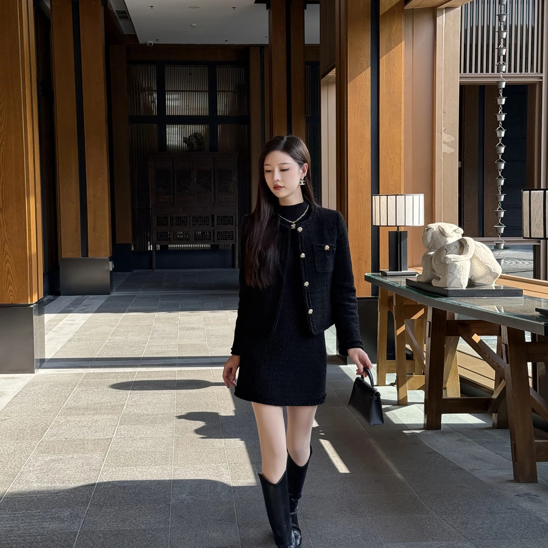 慧慧【爱乐之城】90白鸭绒羊毛小香风粗花呢女小众设计师款时尚套装