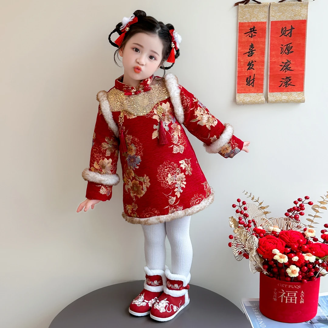 女童拜年服冬装国风唐装女宝宝新年旗袍裙子加绒加厚儿童过年衣服