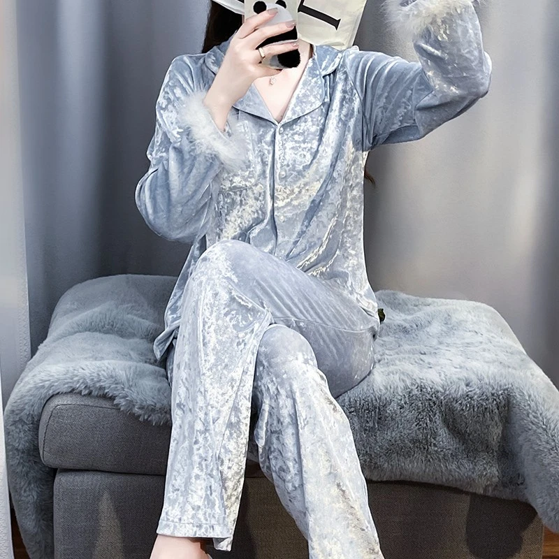 tpvl2025新款金钻绒睡衣女秋冬春秋长袖蓝色羽毛家居服套装高级感