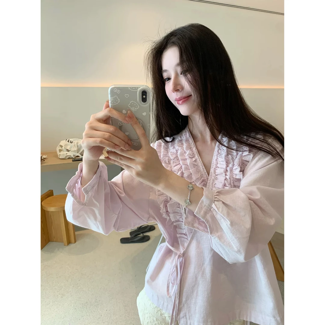 衬衫女早春漂亮衣服温柔风粉色木耳边V领小众宽松休闲长袖上衣