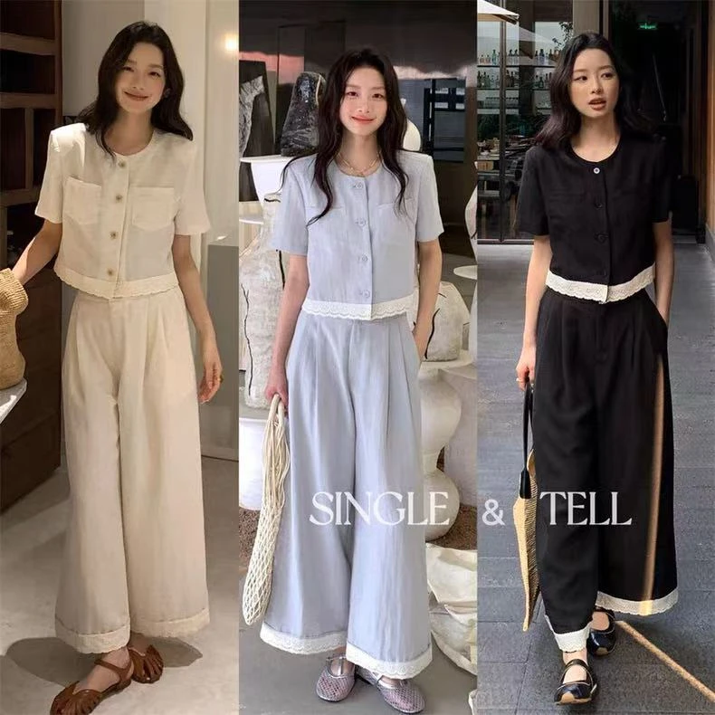 2025夏季新款休闲蕾丝边短袖+拼接花边阔腿裤套装女两件套女韩系