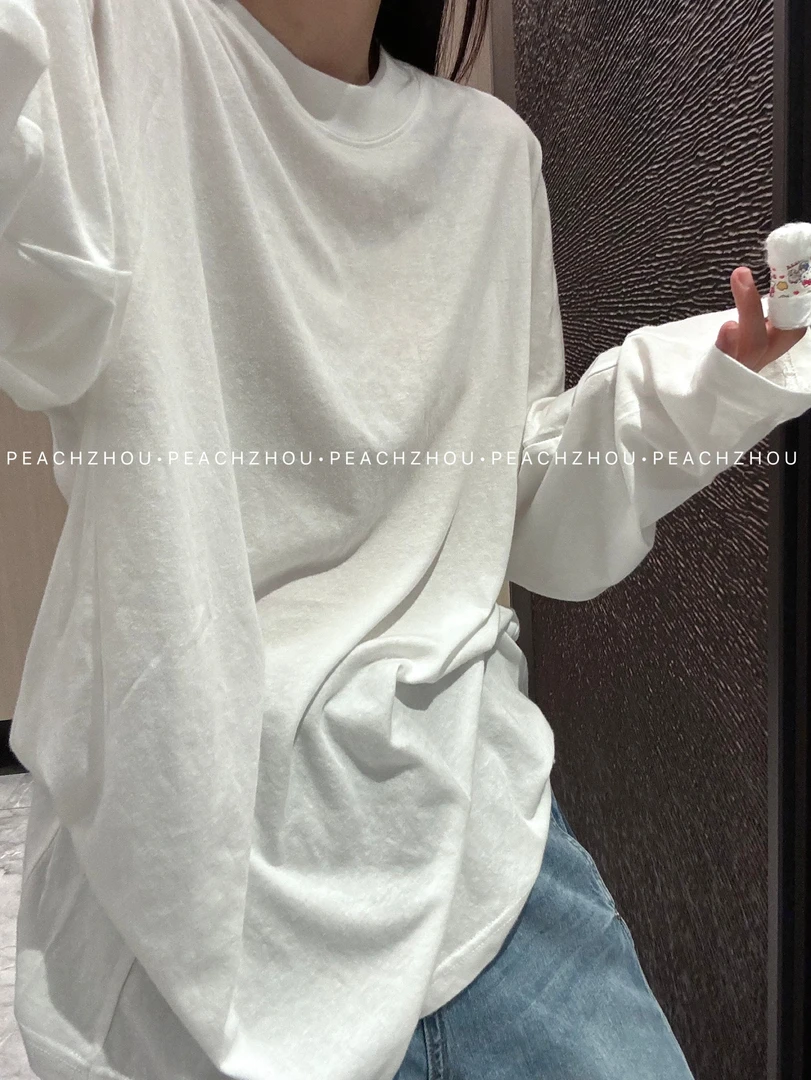 『PEACHZHOU』纯色轻薄款宽松圆领阔版长袖简约休闲慵懒松驰中性T恤