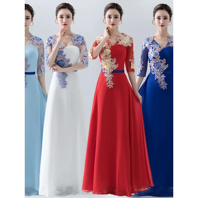大合唱演出服女长裙中国风民族舞蹈表演服装气质红歌合唱团晚礼服
