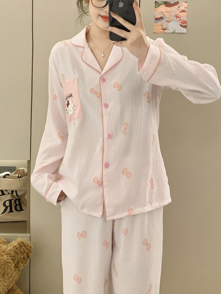 可爱睡衣女长袖春秋季薄款云朵棉开衫两件套装秋冬薄款家居服