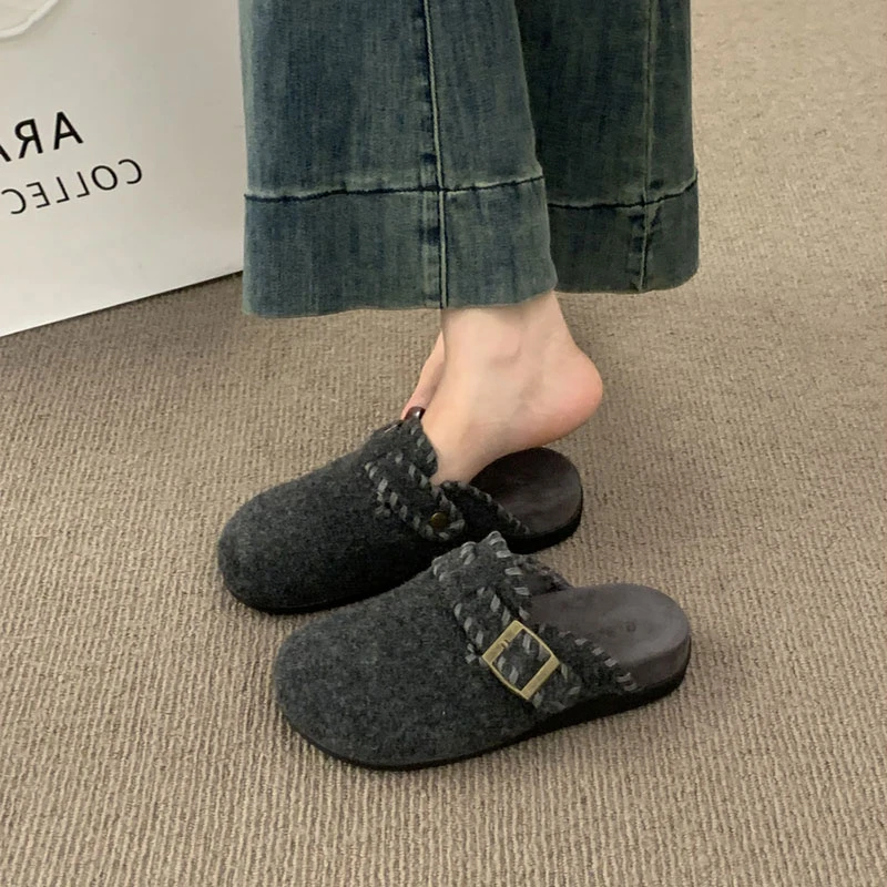 复古呢子包头半拖鞋女外穿2025秋冬新款一脚蹬厚底灰色毛毡勃肯鞋
