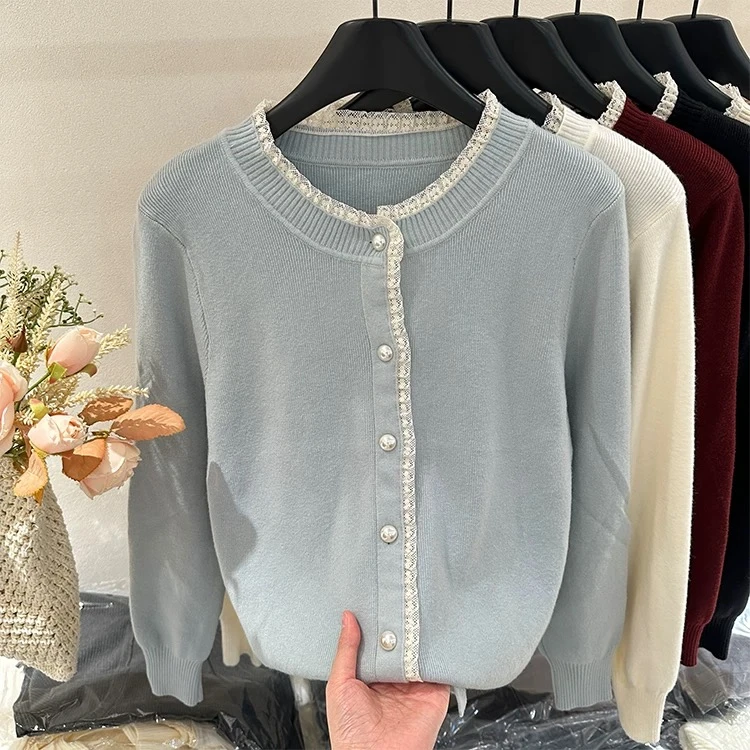 蕾丝边女生女士显瘦洋气针织毛衣开衫衣服外套上衣春秋新款慵懒风