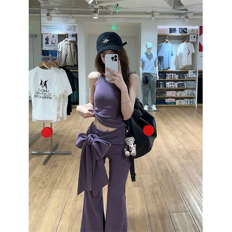 2025春季新款无袖背心修身显瘦性感御姐系带微喇高腰长裤两件套女